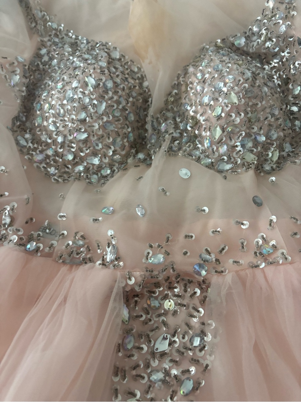 Sequin-Embellished Blush Long-Sleeve Tulle Dress